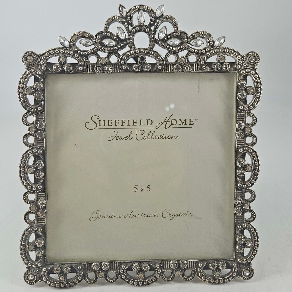 Vintage Ornate Jeweled Sheffield Home silver Metal Filigree Photo Picture Frame